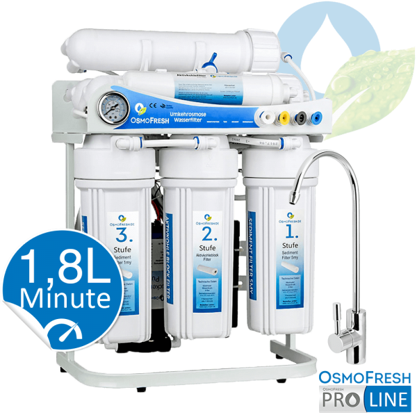 Directflow Osmoseanlage bestehend aus 5 Filterstufen: 3 Vorfilter, 1 Membrane und 1 Nachfilter. Mit Druckmanometer und Pumpe.